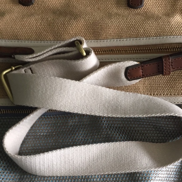 FOSSIL Explorer Tote Canvas Woven Straw Crossbody and Wallet Set Tan Blue - Picture 7 of 15